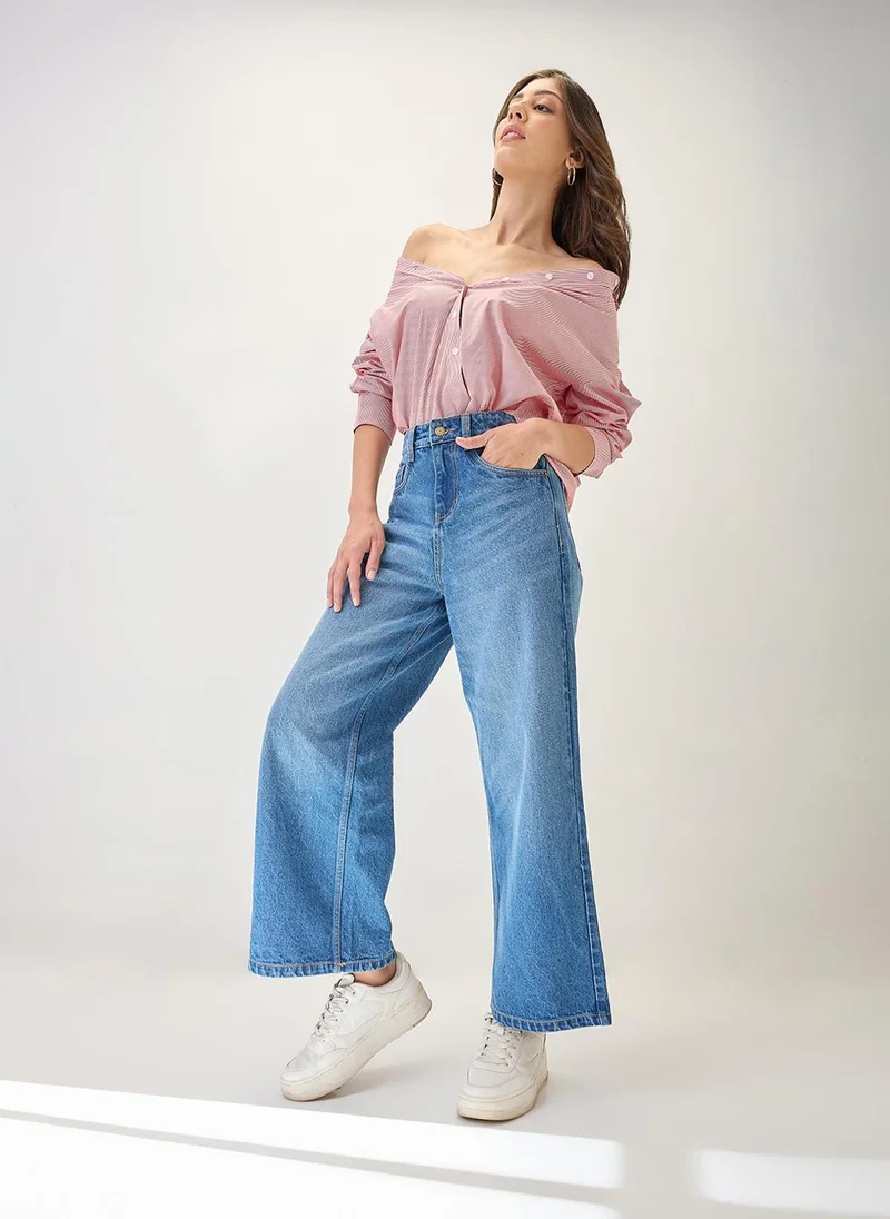 globus Globus Women Cotton Whiskers Effect Mid-Rise Wide Leg Denim Jeans